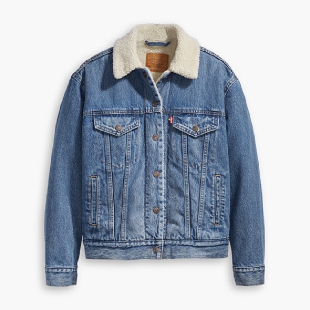 Levi’s Premium Ex-Boyfriend Sherpa Trucker Jacket Medium Wash - Picture 3 of 4
